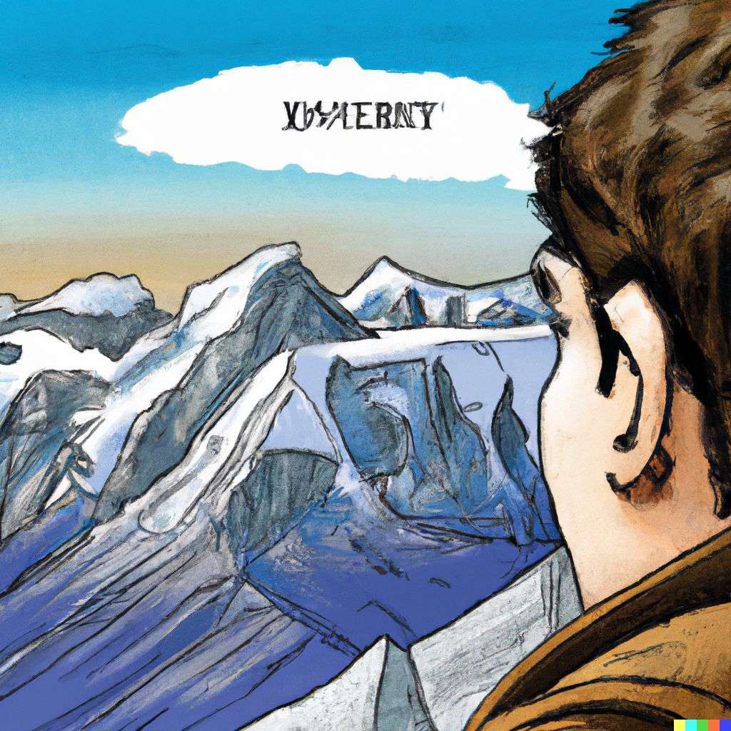 someone gazing at Mount Everest, comic book drawing